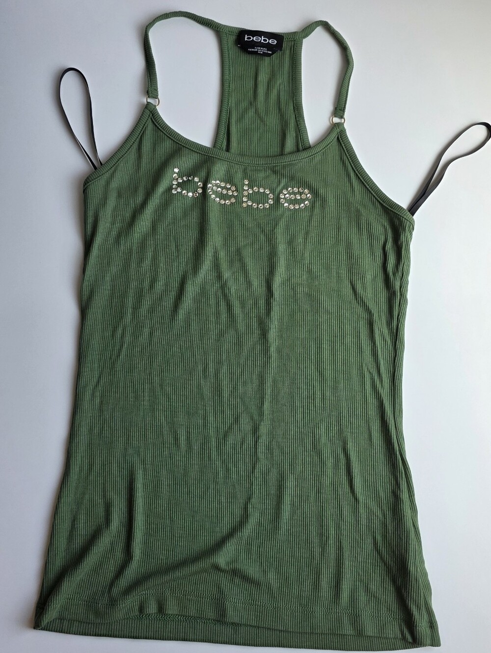 bebe Olive Green Ribbed Racerback Tank with Crystal Logo